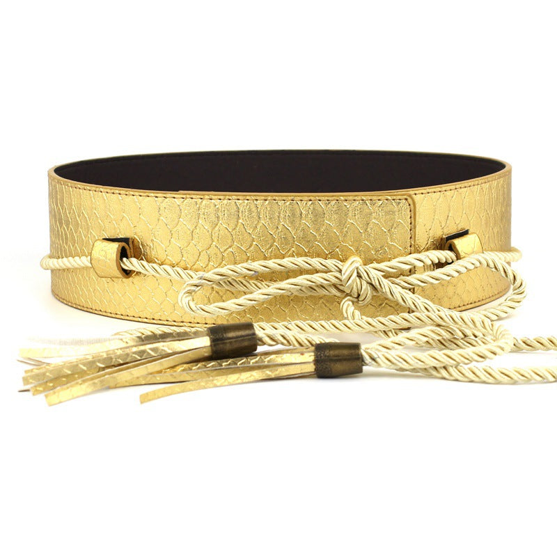 Gold rope fringed strap belt