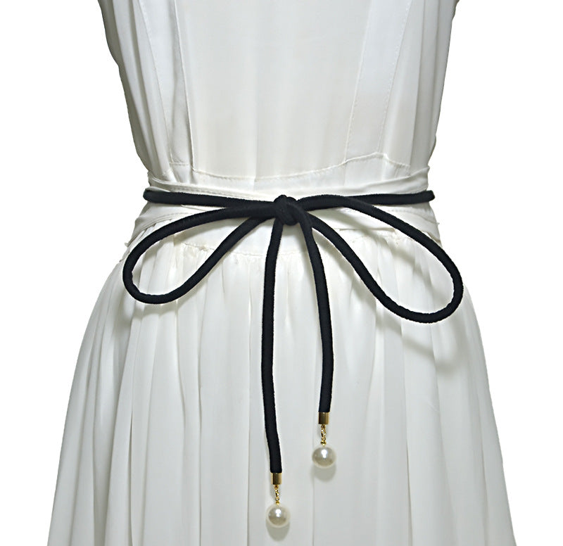 Flannel belt, pearl embellished thin waist chain