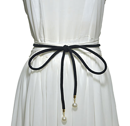 Flannel belt, pearl embellished thin waist chain