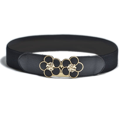 Flower Decorative Button Elastic Wide Belt