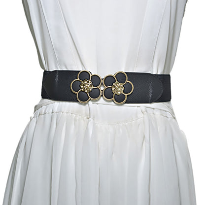 Flower Decorative Button Elastic Wide Belt