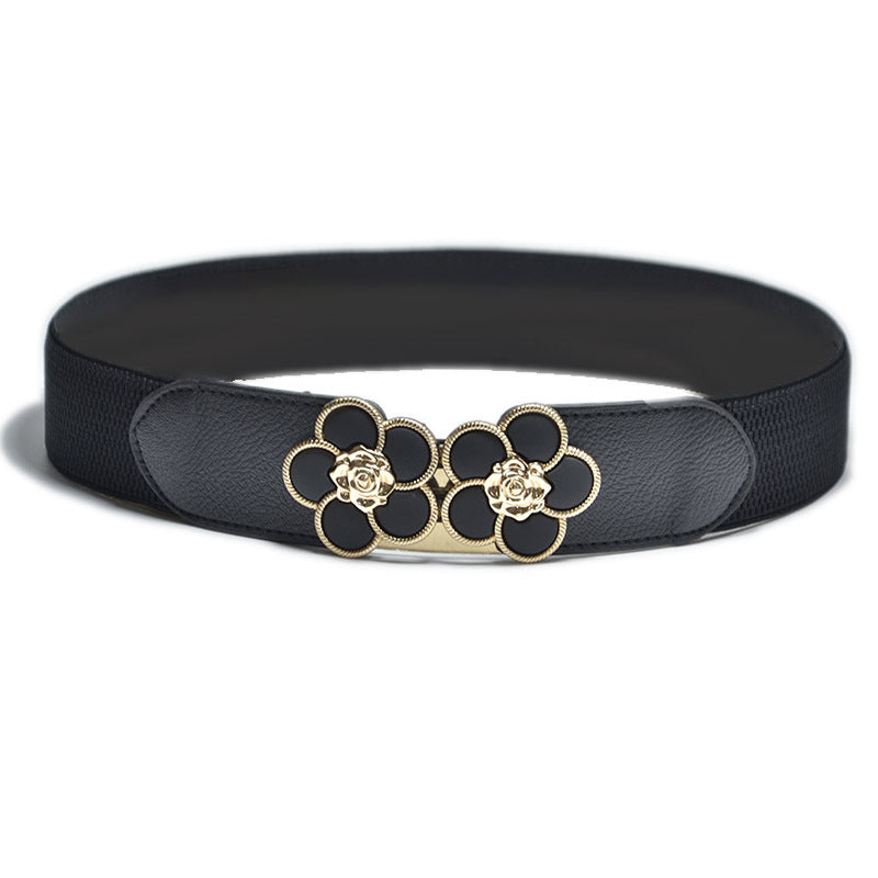 Flower Decorative Button Elastic Wide Belt