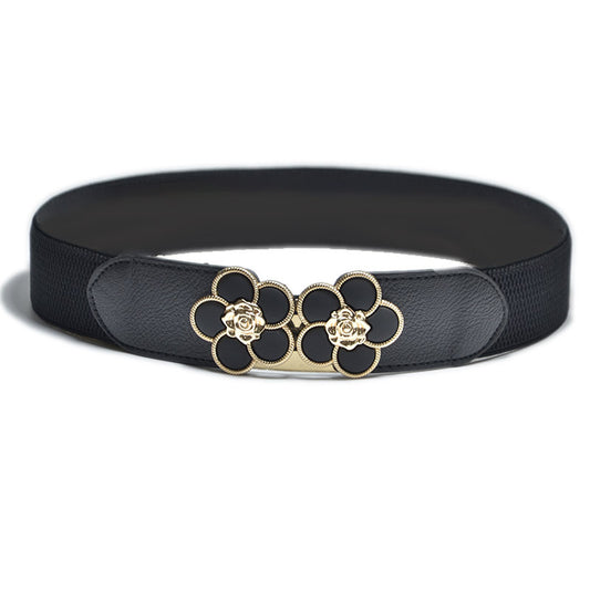 Flower Decorative Button Elastic Wide Belt