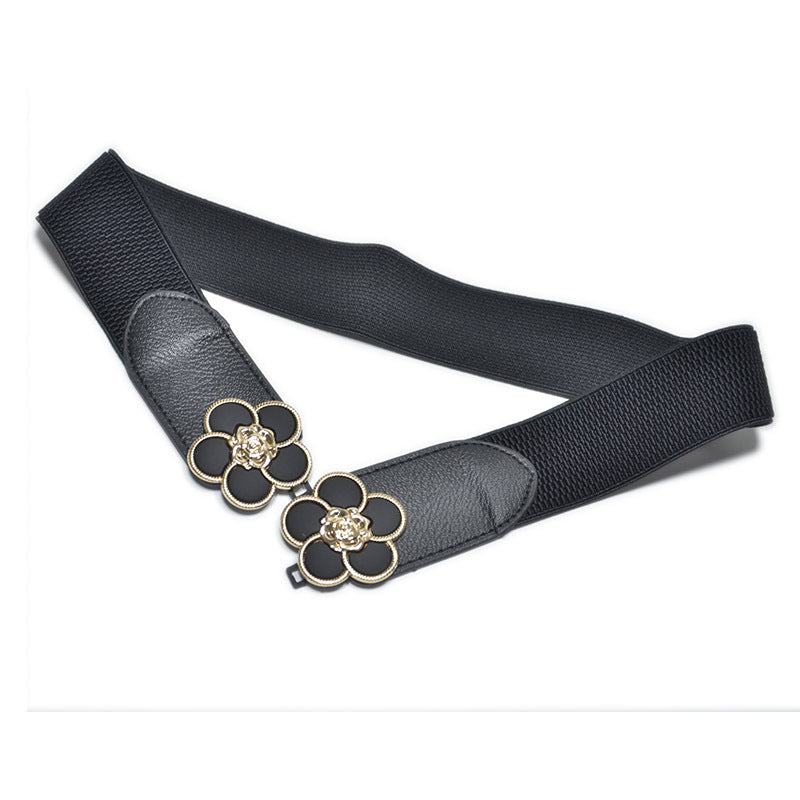 Flower Decorative Button Elastic Wide Belt