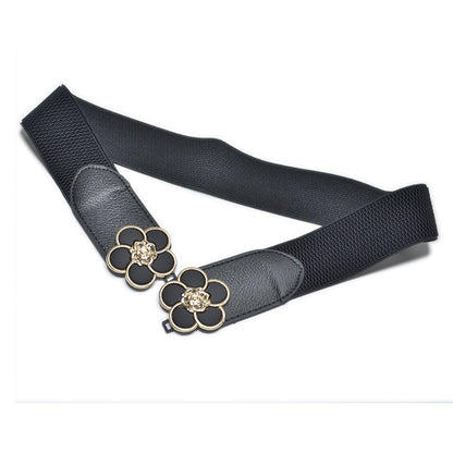 Flower Decorative Button Elastic Wide Belt