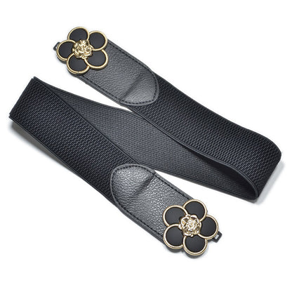 Flower Decorative Button Elastic Wide Belt