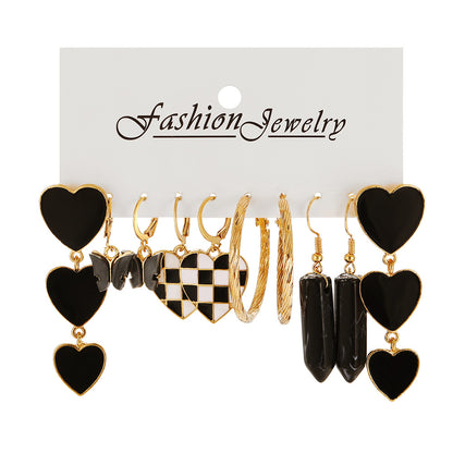5-piece black and white checkerboard earrings for women