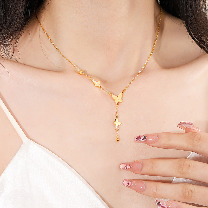Chinese-Style Butterfly Tassel Collarbone Necklace — 18K Gold-Plated Titanium Steel