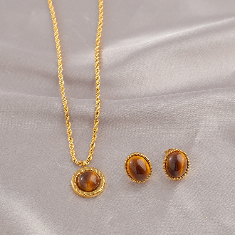 Twist Tiger's Eye Stone Necklace Stud Earrings