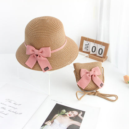 Straw Sun Hat for Kids Lace Bow 2-Piece Set