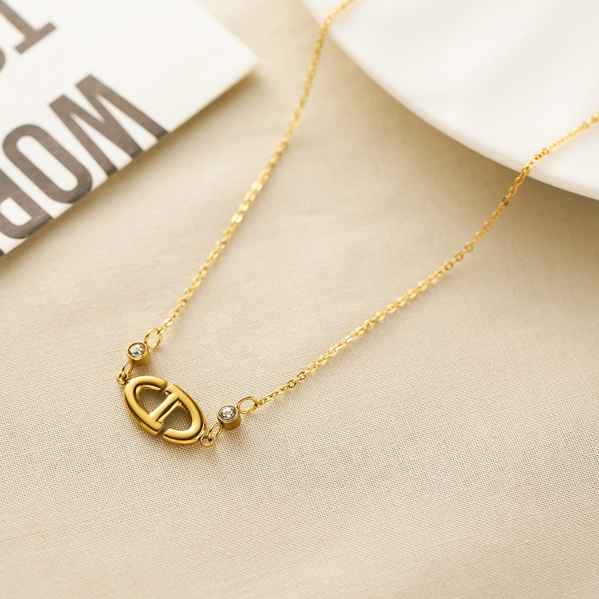 18K Gold-Plated Pig Nose Necklace & Bracelet Set with Diamonds