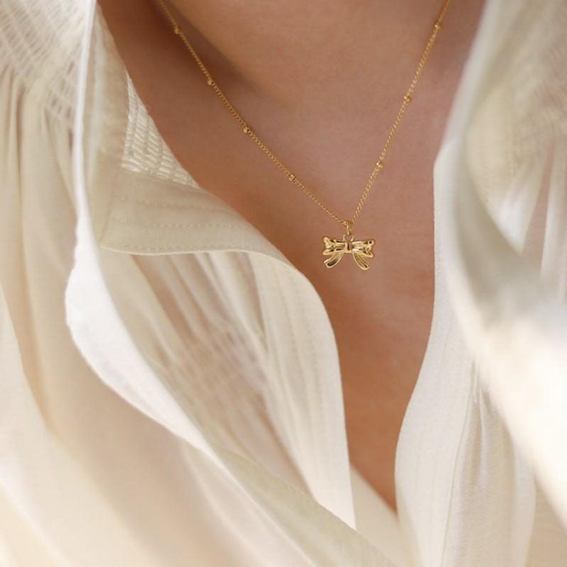 Women's Titanium Steel Bow & Gold Bead Collarbone Necklace