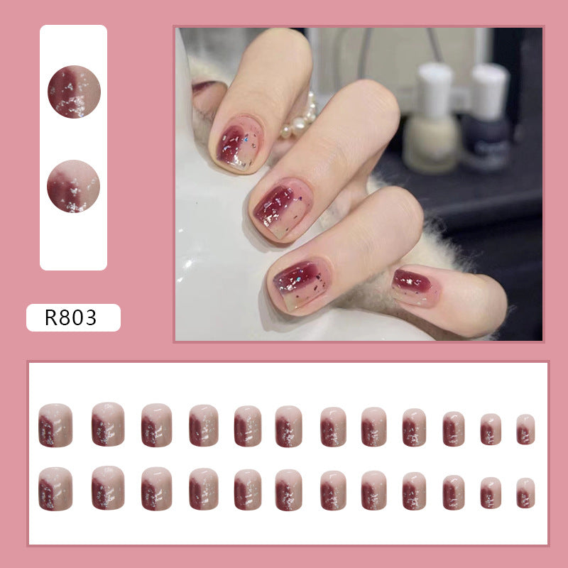 Short Red-Brown Ombre Square Fake Nails