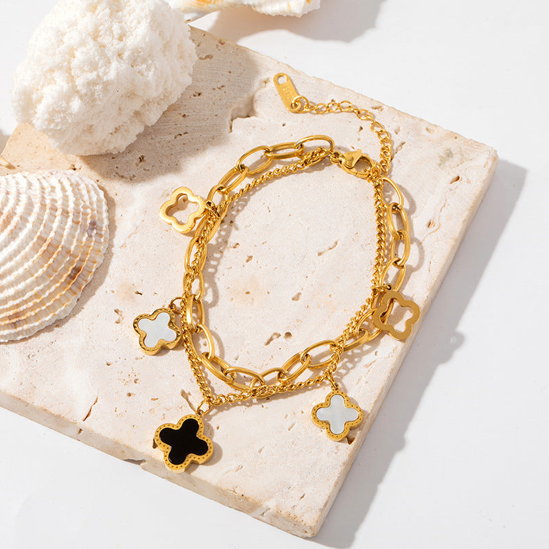 Women's 18K Rose Gold Titanium Steel Double-Chain Four-Leaf Clover Bracelet