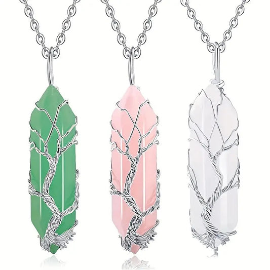 Pingente de coluna hexagonal da árvore da vida embrulhado em cristal 