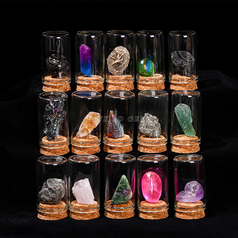 Botella de los deseos con muestra de mineral de roca de cristal 