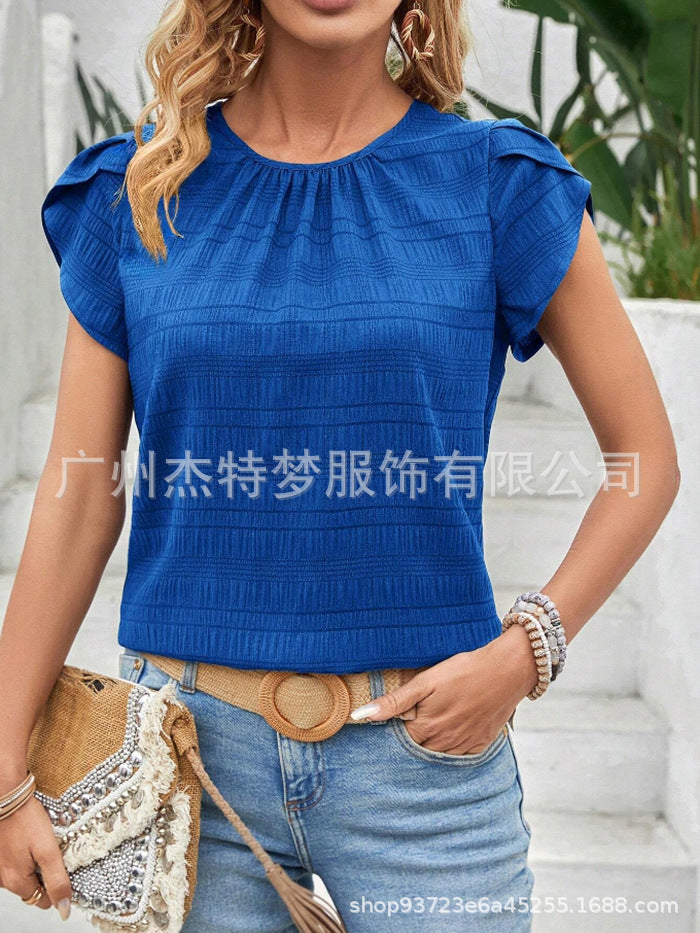 Crew Neck Petal Sleeve Temperament Short Sleeve Top