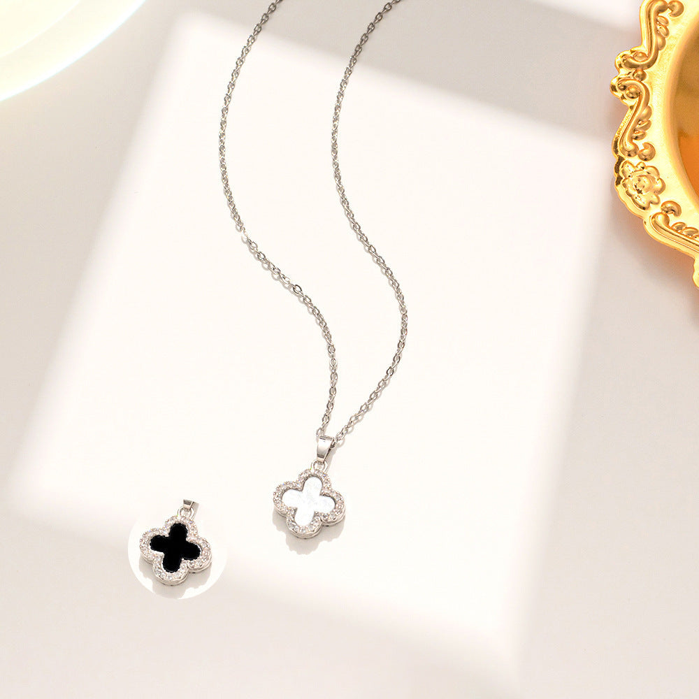 Double-Sided Black & White Four-Leaf Clover Diamond-Accented Pendant Necklace