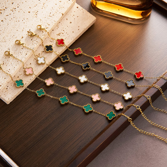 Women's Double-Sided Four-Leaf Clover Bracelet & Five-Flower Necklace