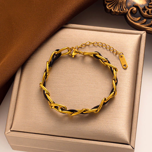 Chic Luxury Leather Woven Bracelet, Vintage Titanium Steel, Unique Design.