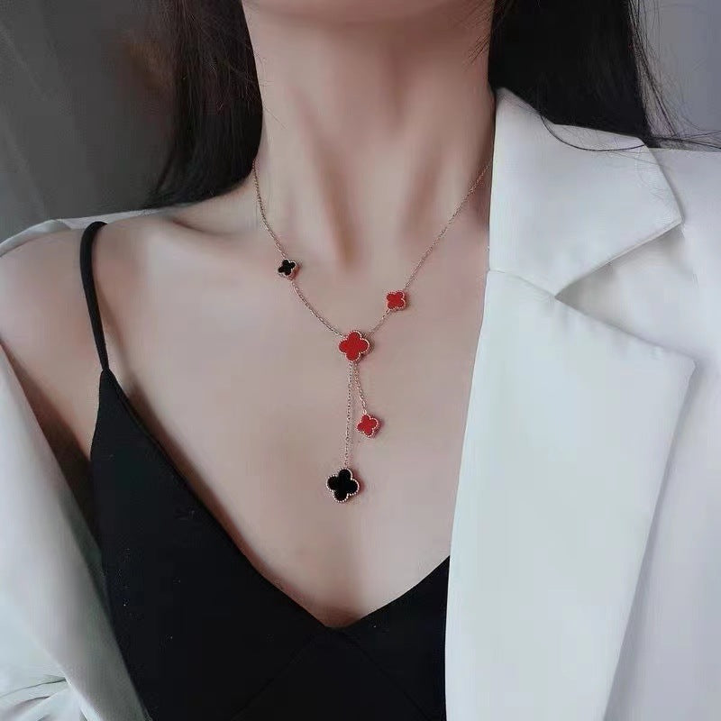 Double-sided Clover Necklace, Elegant Tassel Pendant, Fashionable Charm