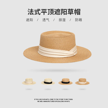 Flat-Top Straw Hat French-Style Summer Wide-Brim Sun Hat