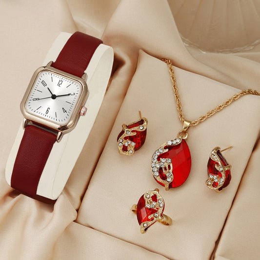 Square Watch Peacock Necklace Ring Earrings Set