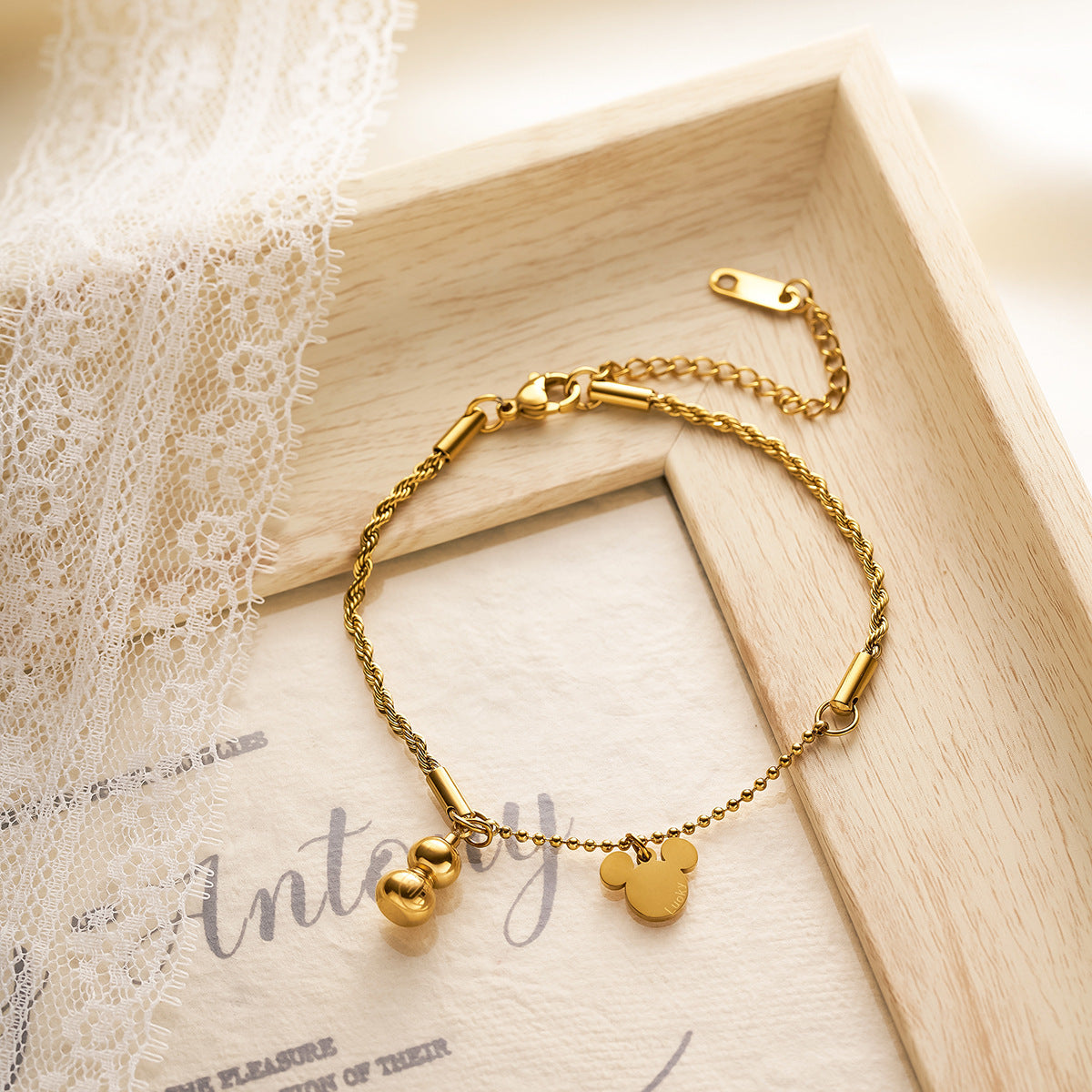 Women's Titanium Steel Gourd & Mickey Twist-Chain Bracelet — Non-Fading