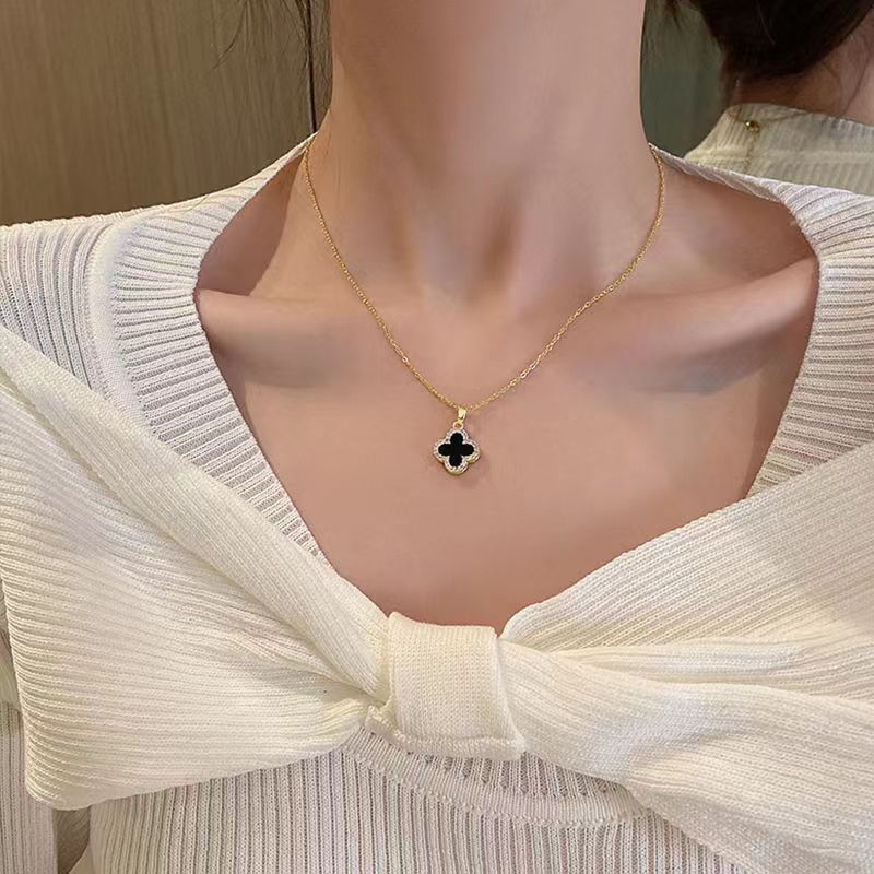 Double-Sided Black & White Four-Leaf Clover Diamond-Accented Pendant Necklace