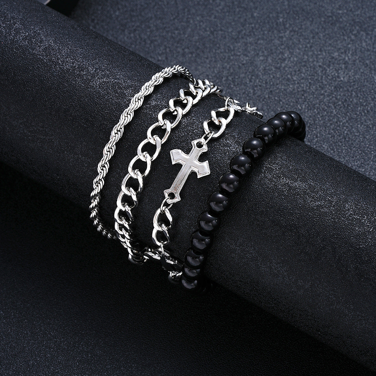 Men's Stainless Steel Beaded Cross Bracelet Set