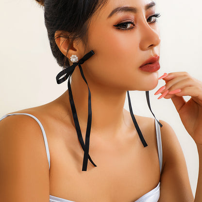 Bow ribbon crystal flower stud earrings