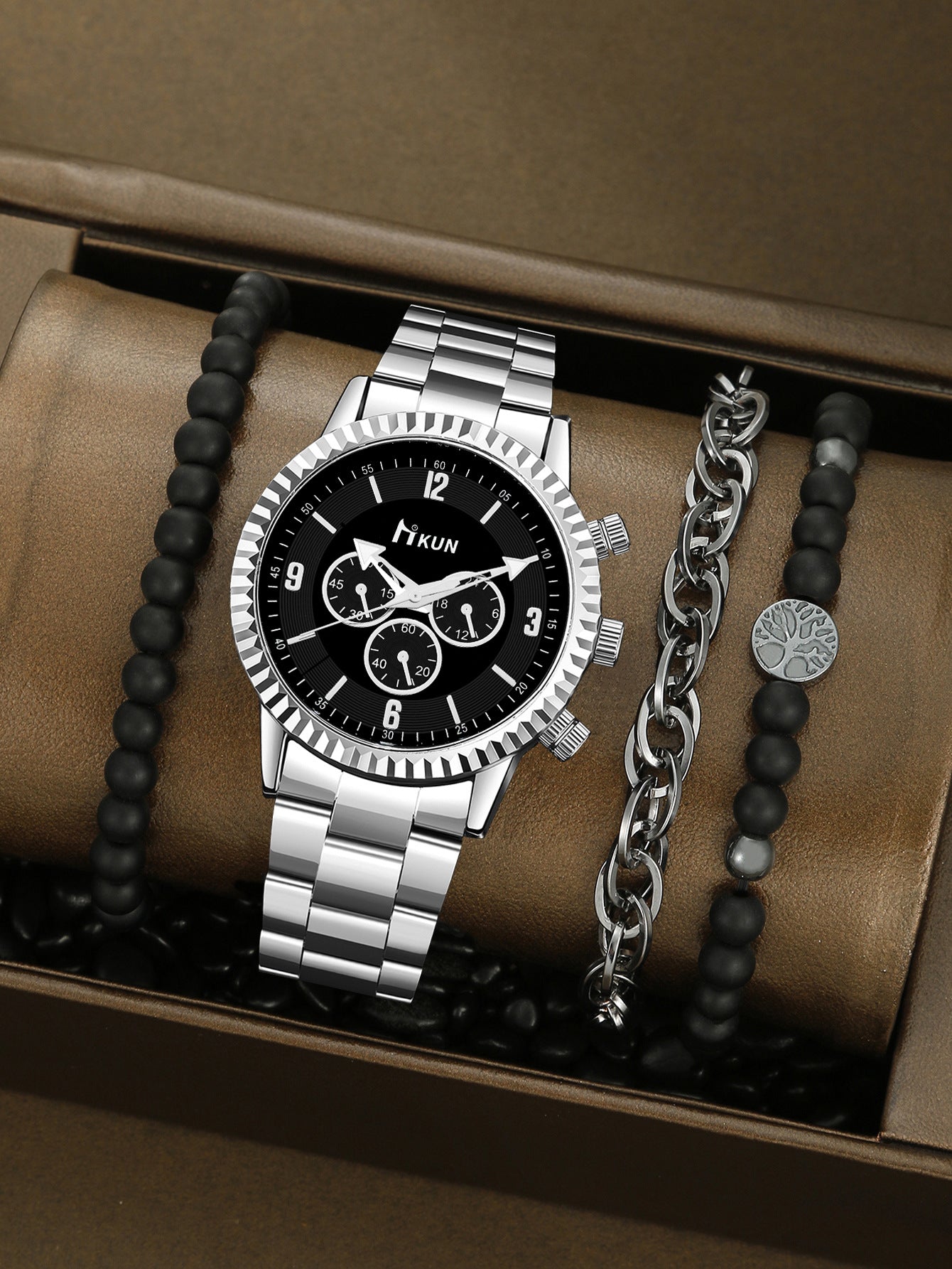 Personalized steel belt watch beaded bracelet set