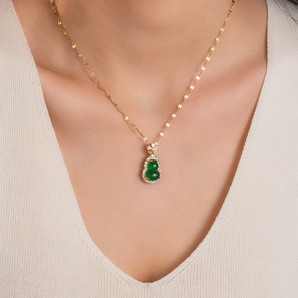 Full of diamond copper micro-inlaid jade gourd necklace female