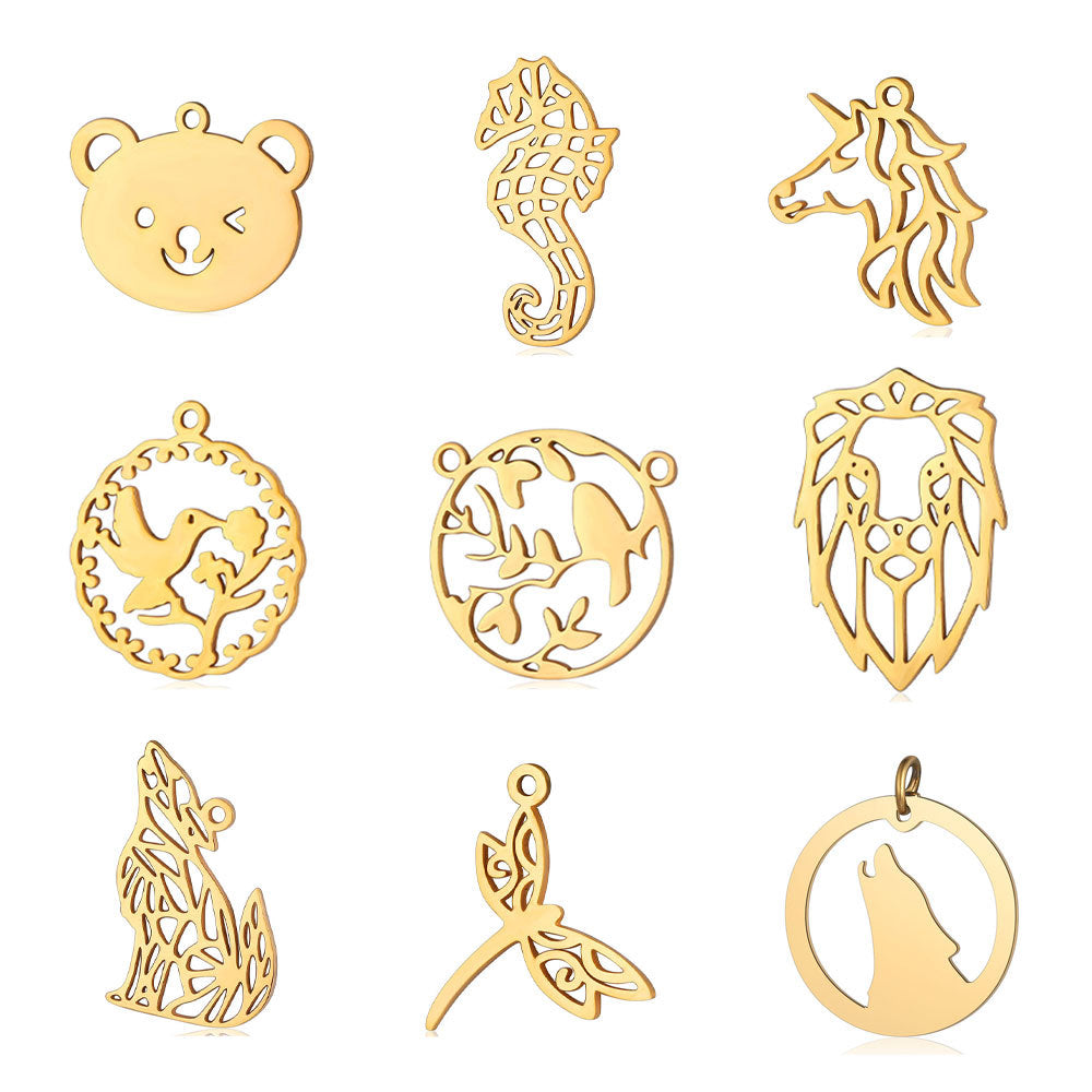 Colgante de acero de titanio con forma de elefante, lobo, tortuga, león y oso, 5 unidades por bolsa 