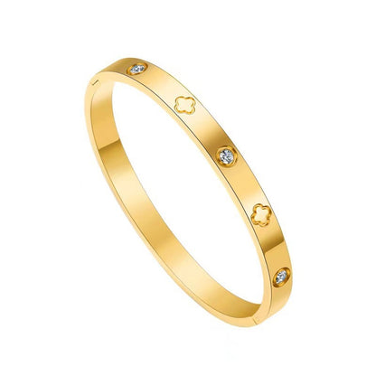 Pulseira elegante de aço inoxidável com fivela de diamante, pulseira de trevo simples para mulheres 