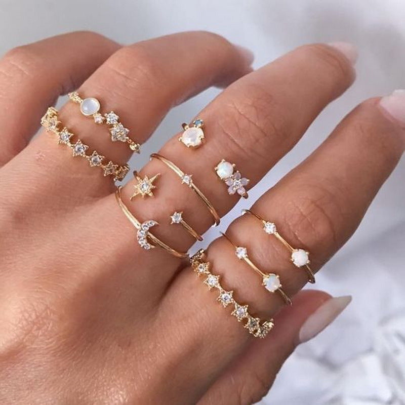 Star Moon & Leaf 10-Piece Ring Set