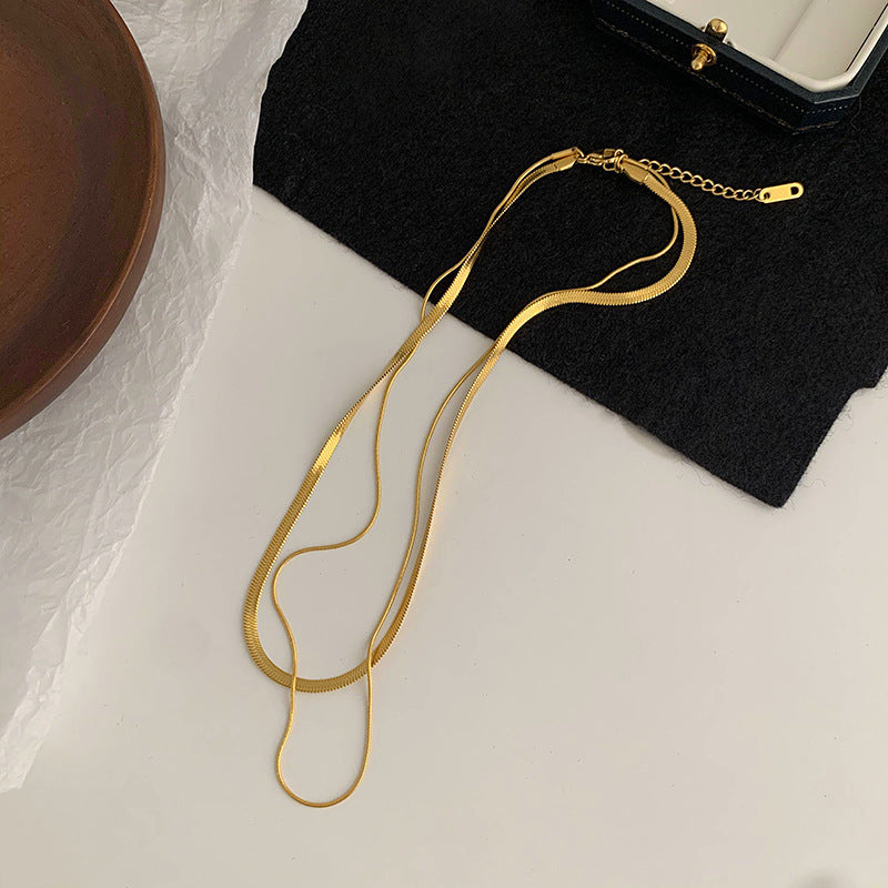 Women's Retro Double-Layer Snake Bone Titanium Steel K‑Gold Collarbone Necklace