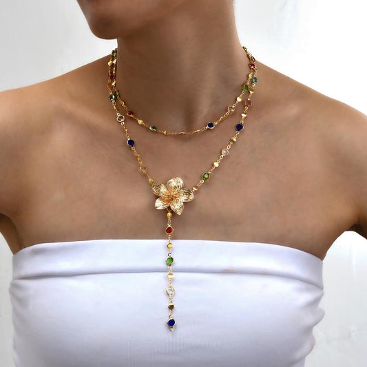 Zircon Flower Fringe Necklace Set