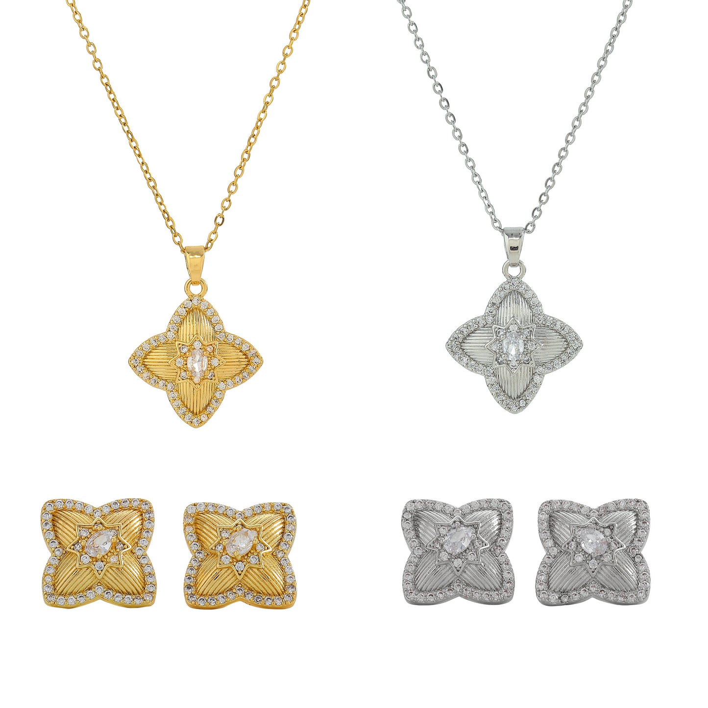 Chic Clover Zircon Flower Necklace Set