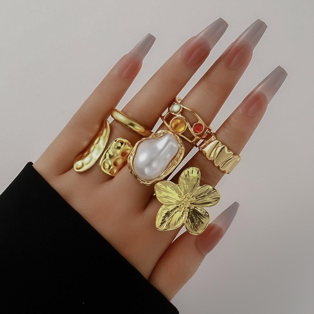 Irregular Pearl Gold-Plated 12-Piece Ring Set