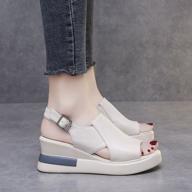Soft leather heightening muffin shoes