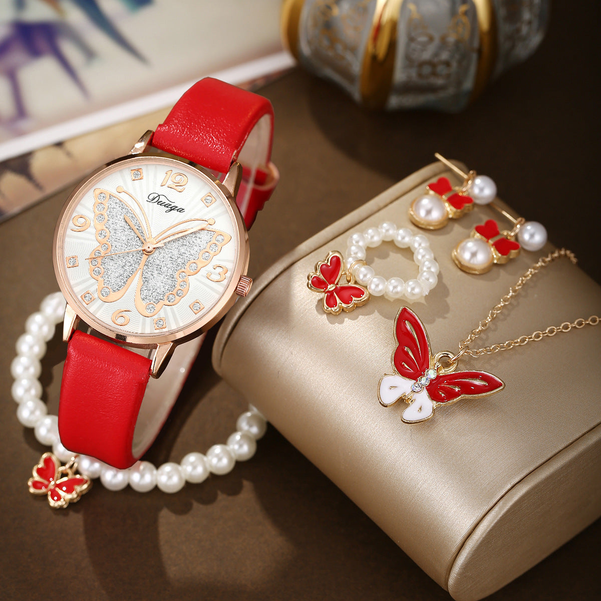 Rose Gold Diamond Butterfly Watch Pearl Jewelry Set