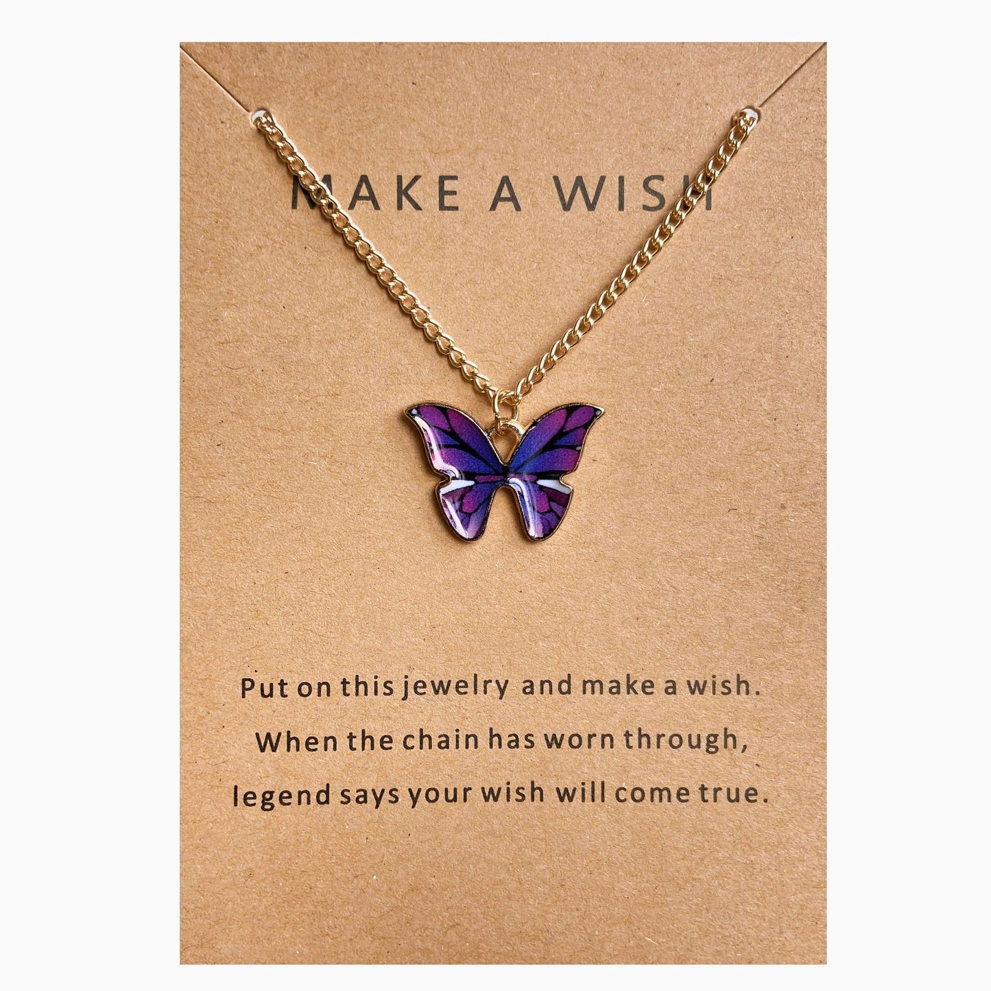 Collar de aleación con forma de mariposa y tarjeta de papel con letras antiguas 