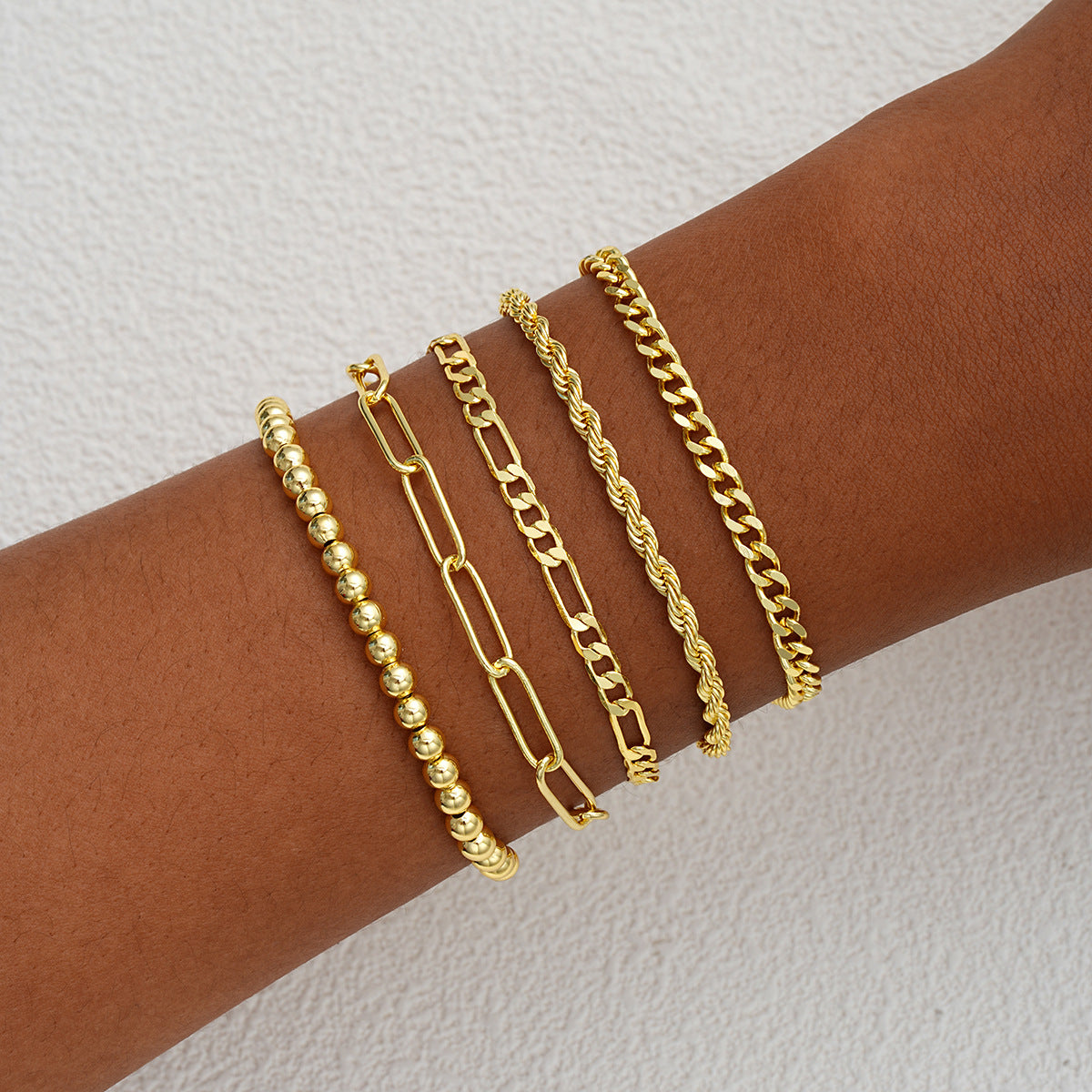 Gold Bead & Twist Chain Bracelet Set (5-Piece)