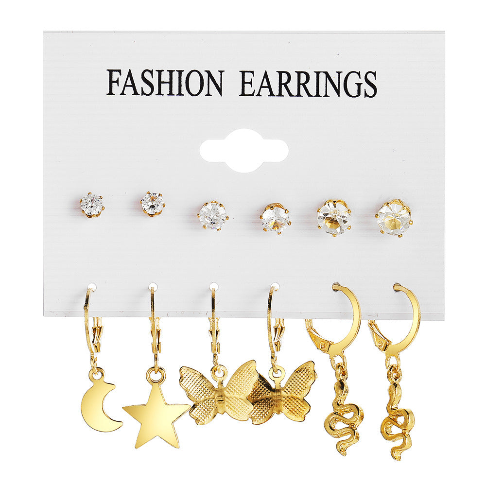 Star Moon Snake Butterfly & Diamond Earring Set