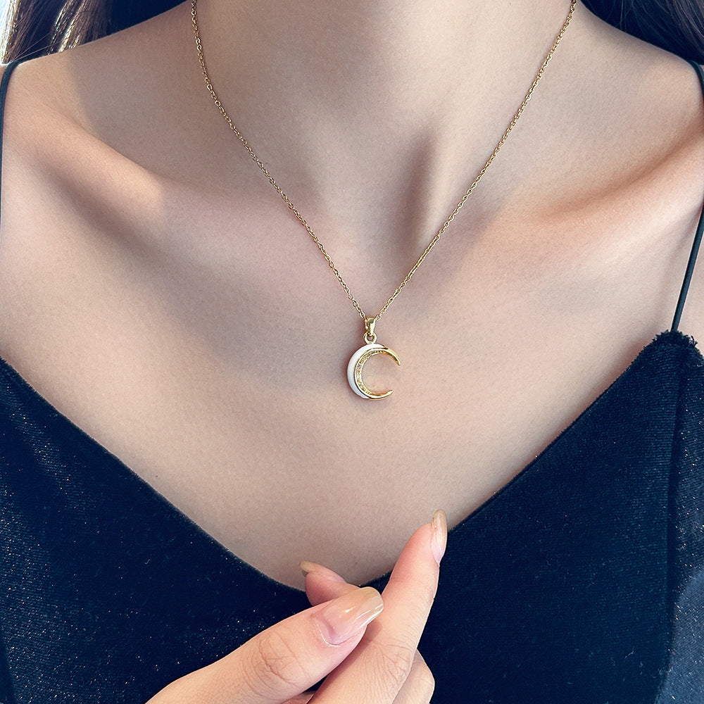 Women's Gold-Plated Titanium Steel Moon Pendant Necklace with Micro Zircon