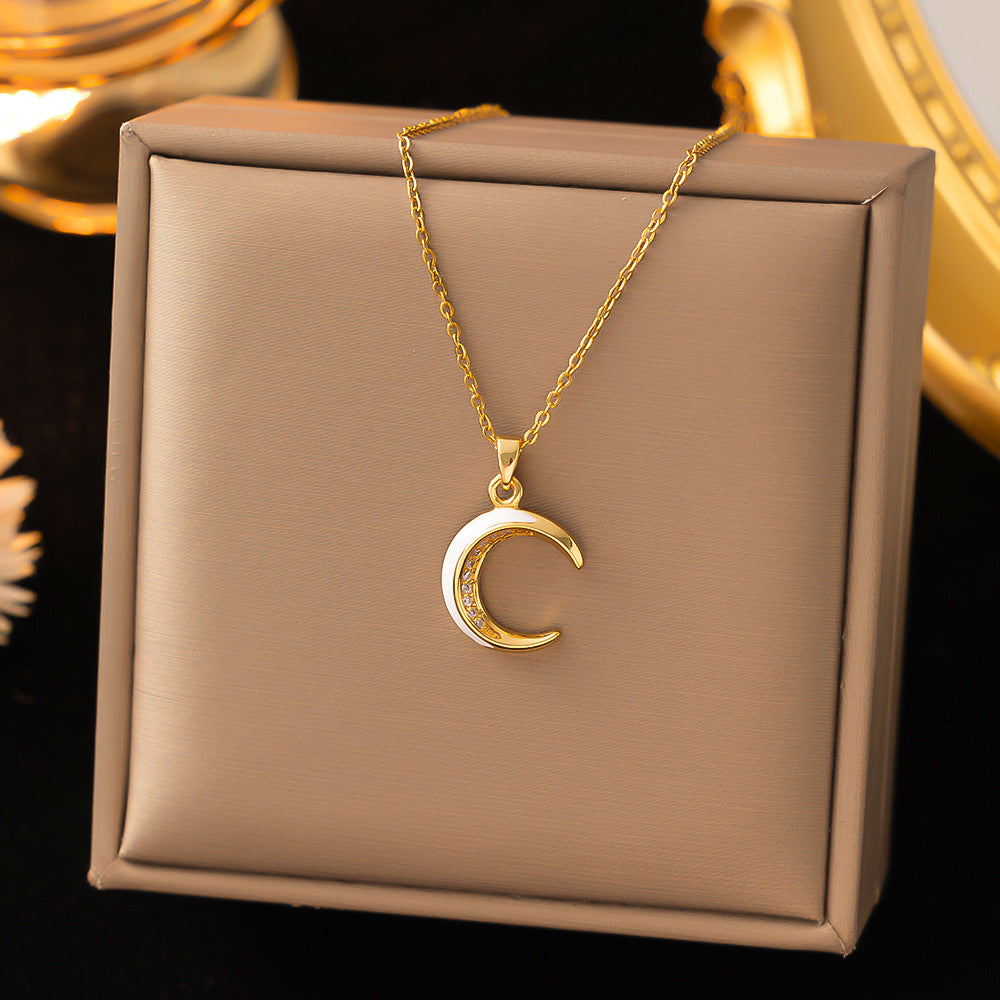 Women's Gold-Plated Titanium Steel Moon Pendant Necklace with Micro Zircon