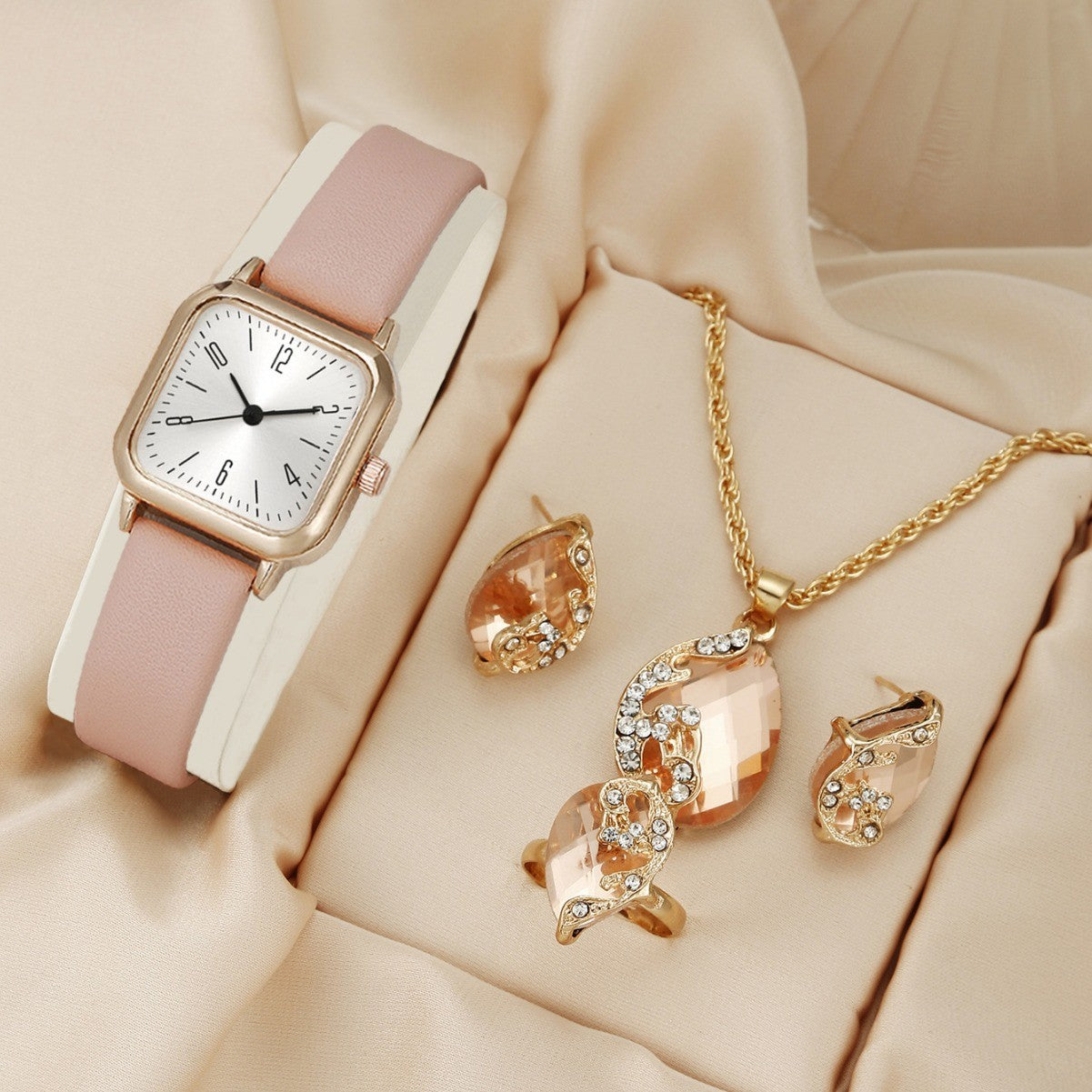 Square Watch Peacock Necklace Ring Earrings Set