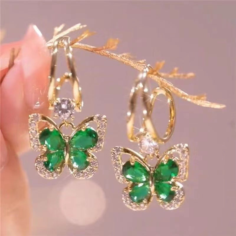French Vintage Green Zirconium Butterfly Earrings