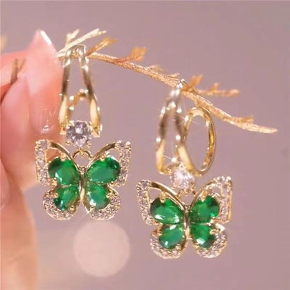 French Vintage Green Zirconium Butterfly Earrings